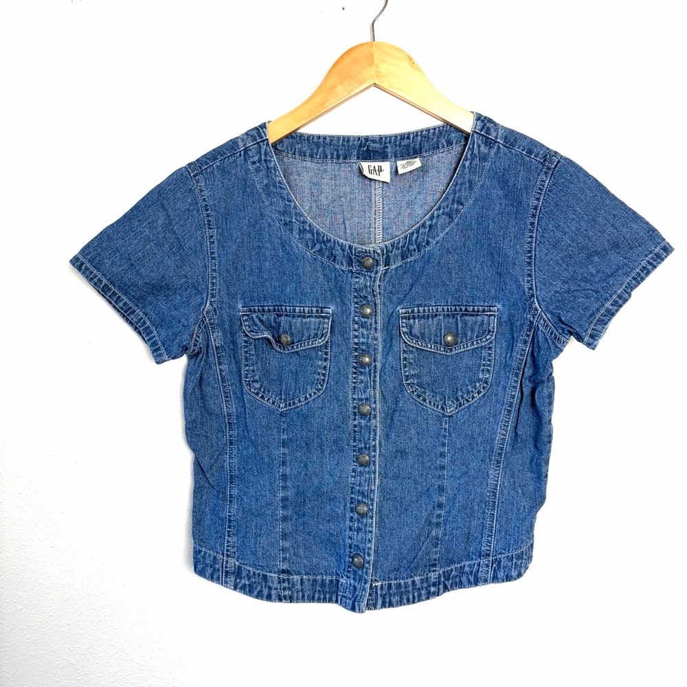 GAP Medium Blue Short-Sleeve Denim Snap-Front Shirt